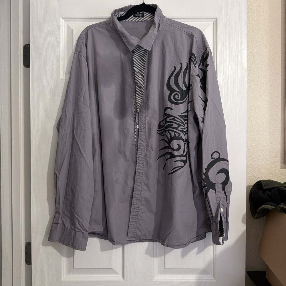 COOFANDY Men's Gray Long Sleeve Tribal Tattoo Print Button Down Shirt
